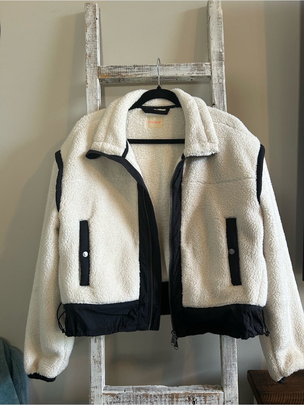 Free People Women’s Cream Sherpa Zip-Up Jacket with Black Trim